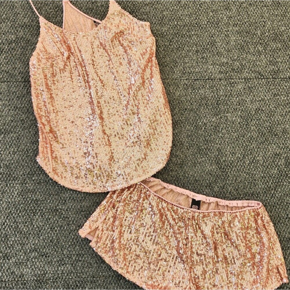 Victoria's Secret Rose Gold Sequin Bling Set Relax Lounge Sleep Shorts Small
